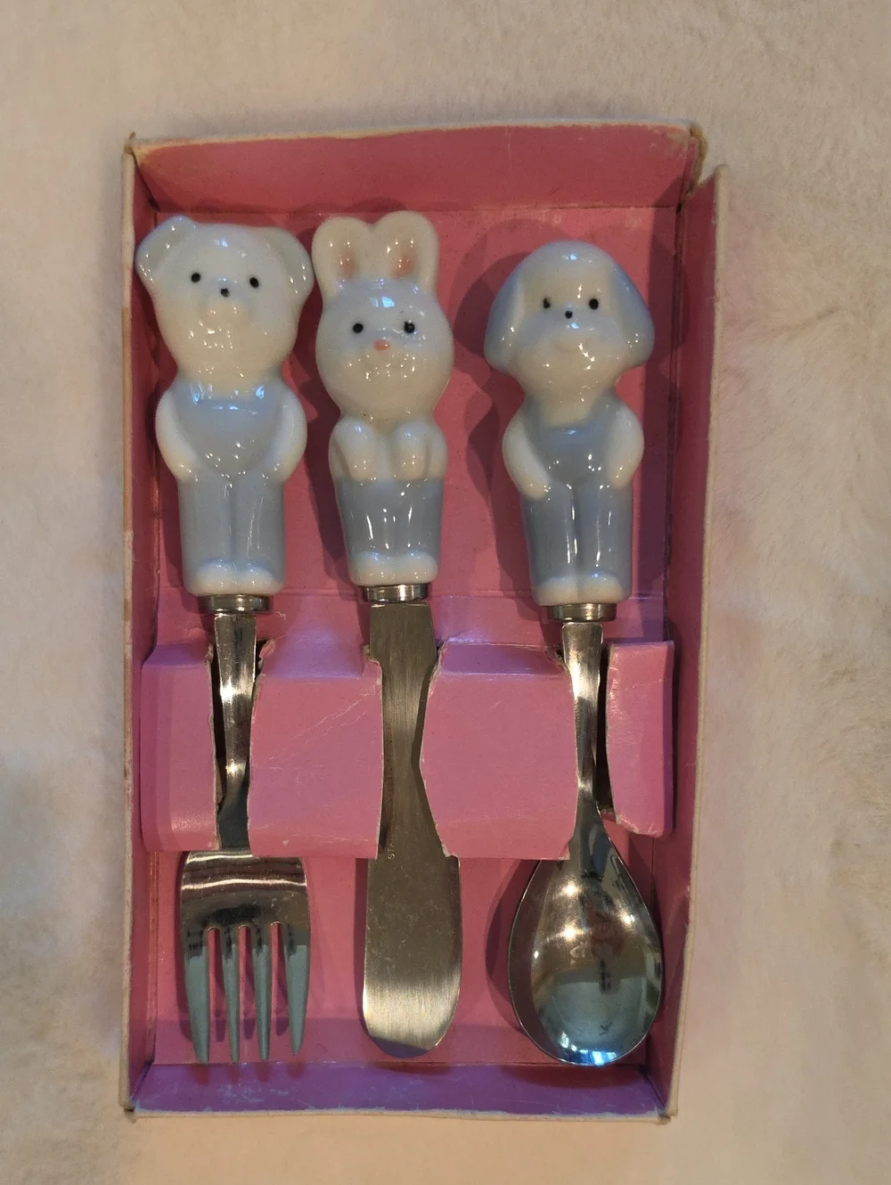 Vintage 1980s Japanese Porcelain Animal Child Flatware Set - Bunny, Bear, Dog